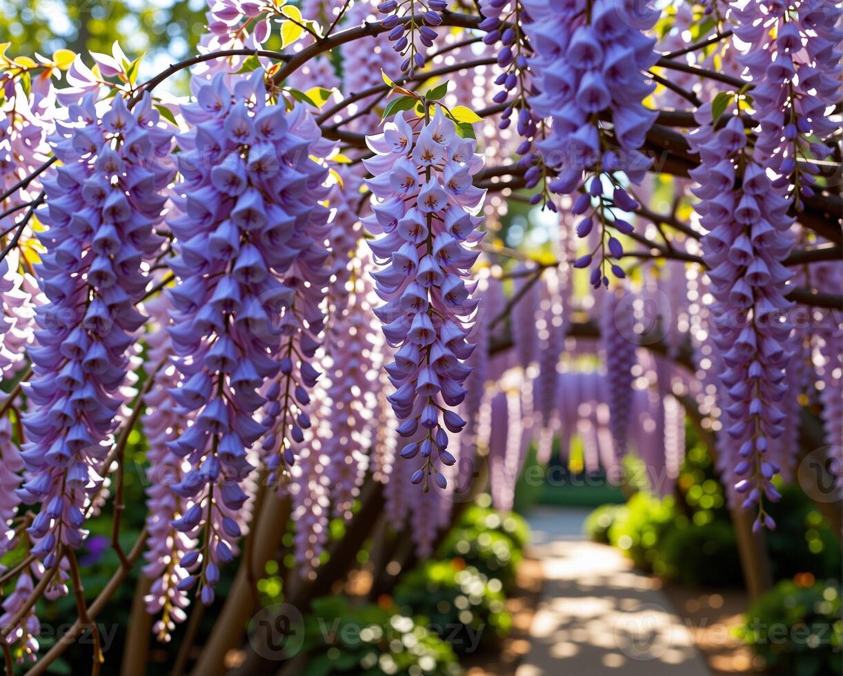 Beautiful Wisteria Flowers in Bloom Framed by Garden Pathway photo