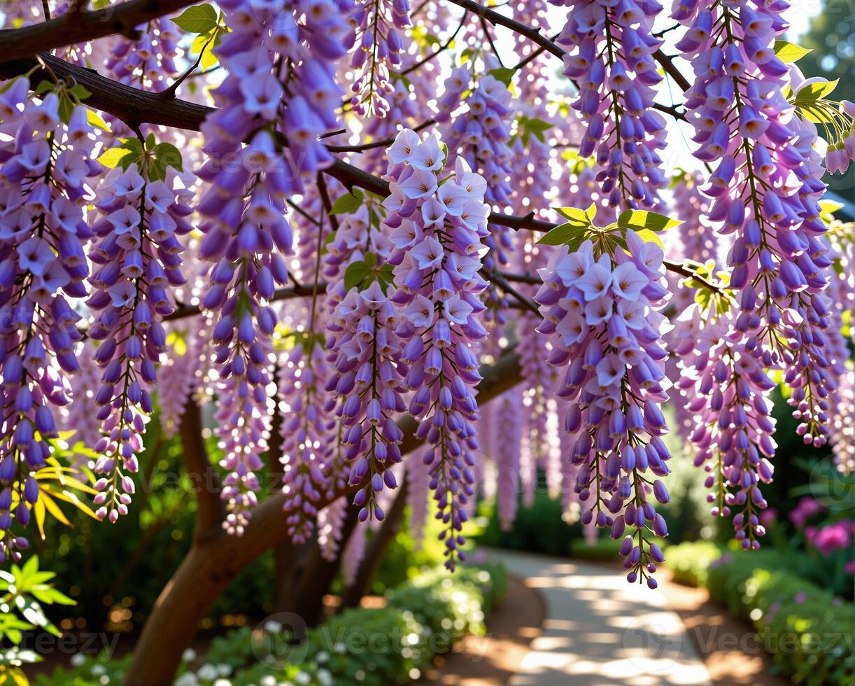 Vibrant Wisteria Blooms Cascading Over Garden Pathway in Spring photo