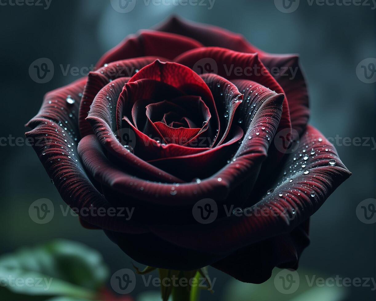Beautiful close-up of deep red rose with droplets on petals photo