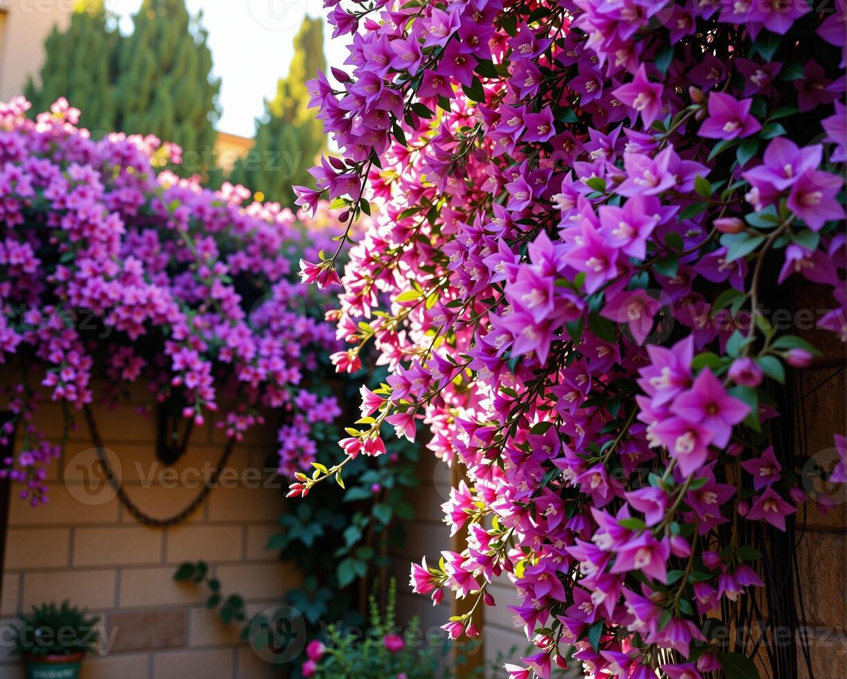 vibrante buganvillas floraciones en iluminado por el sol jardín ajuste foto