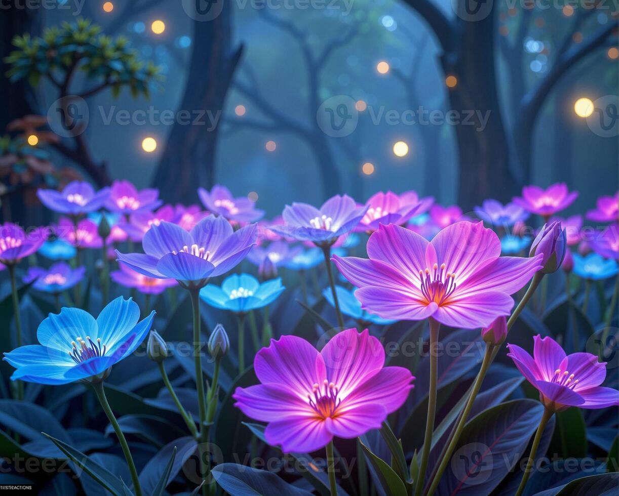 Enchanted Forest Landscape with Colorful Flowers at Dusk photo
