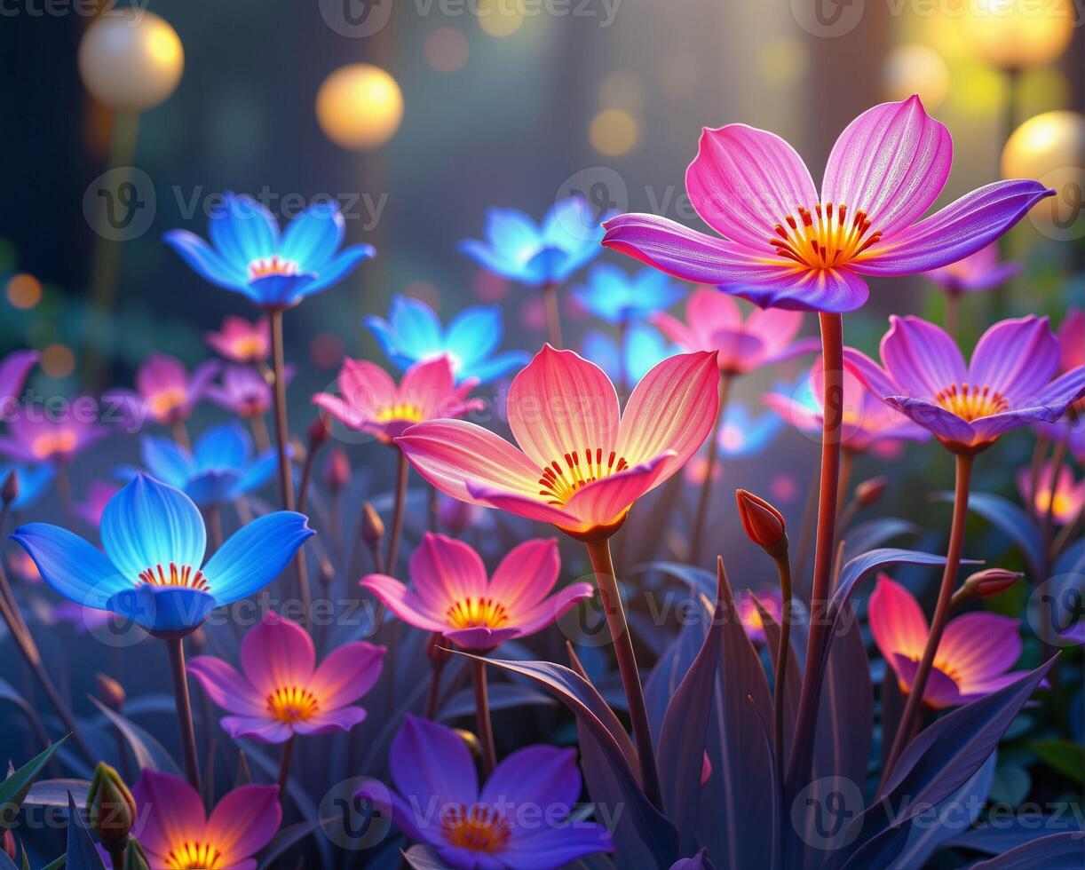 Colorful Blossoms in Enchanted Forest with Ethereal Glow photo