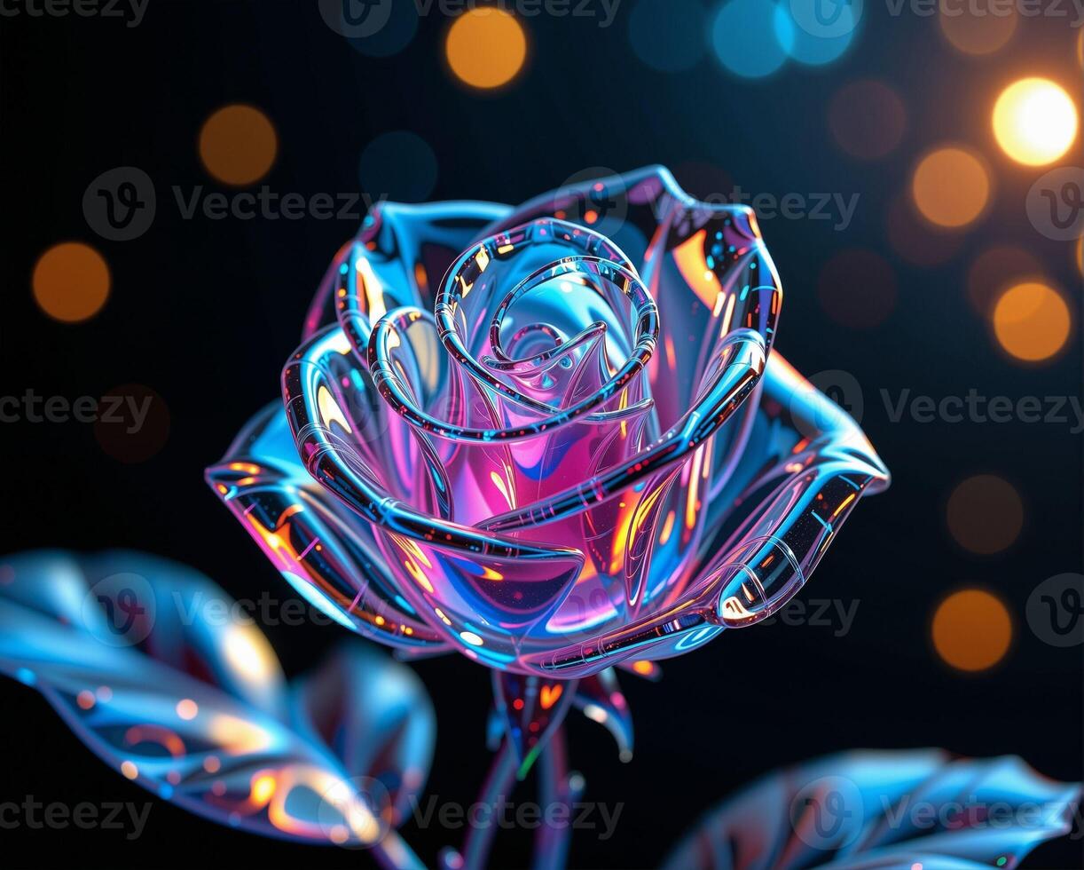 Colorful Glass Rose with Bokeh Background and Sparkling Lights photo