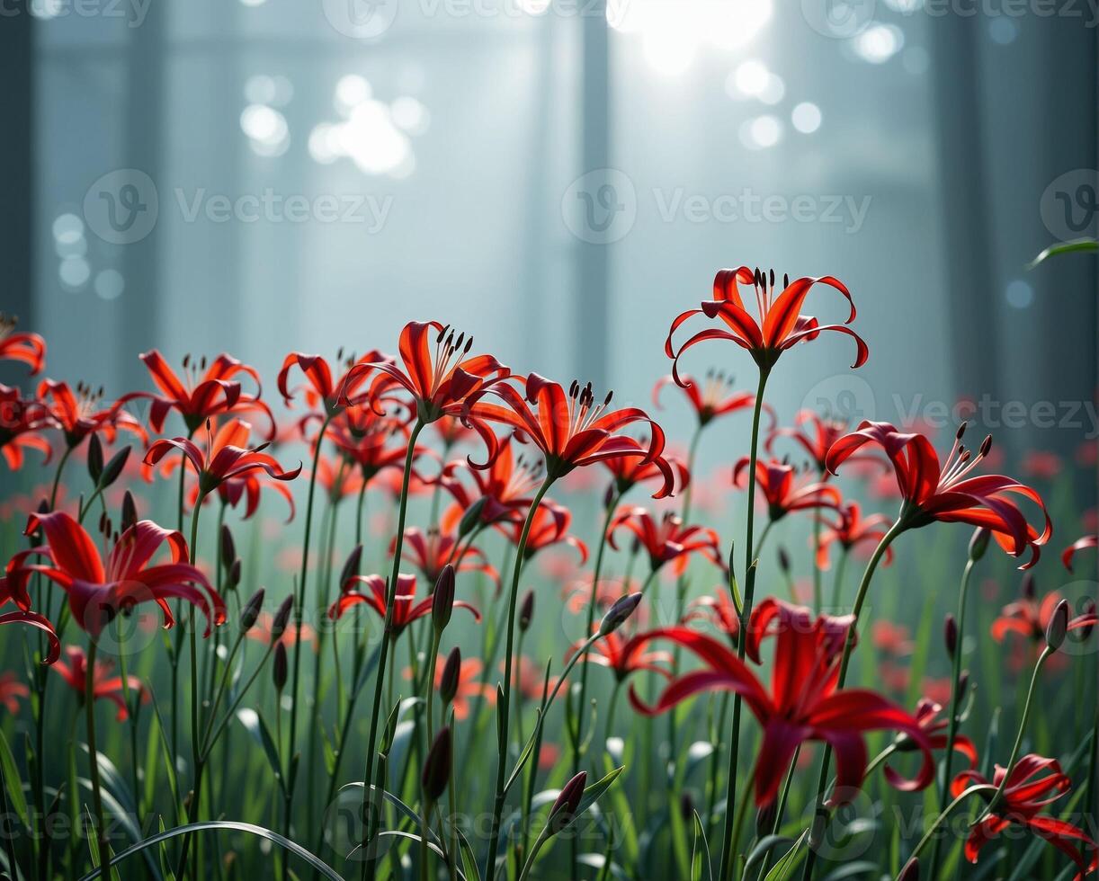 Vibrant red lilies blooming in misty forest setting at dawn photo