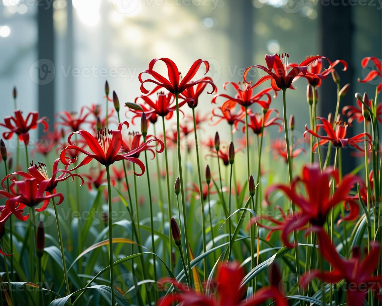 Vibrant Red Flower Blooms in Serene Forest Setting with Soft Light photo