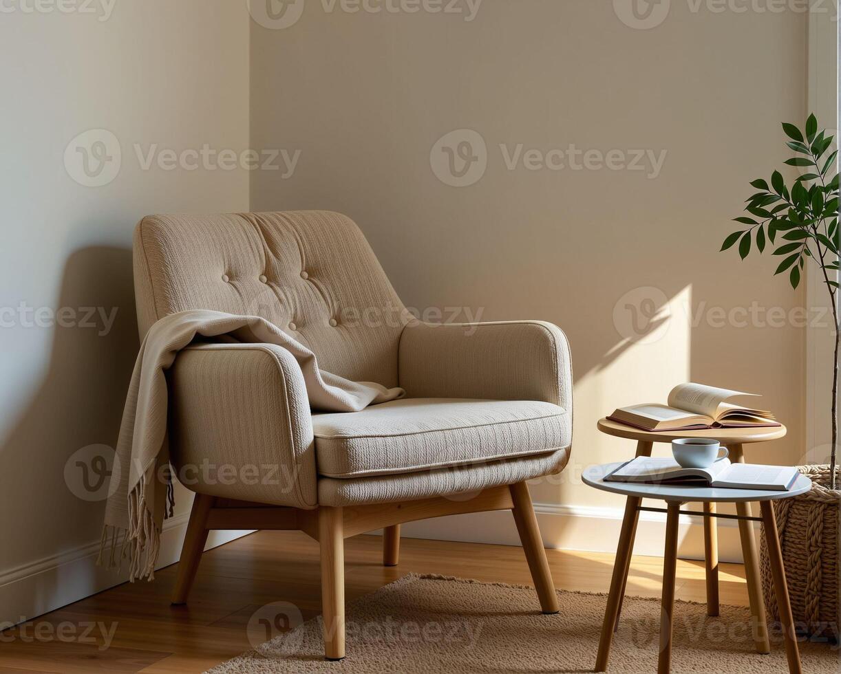 Cozy Armchair with Neutral Fabric and Natural Light Interior Scene photo