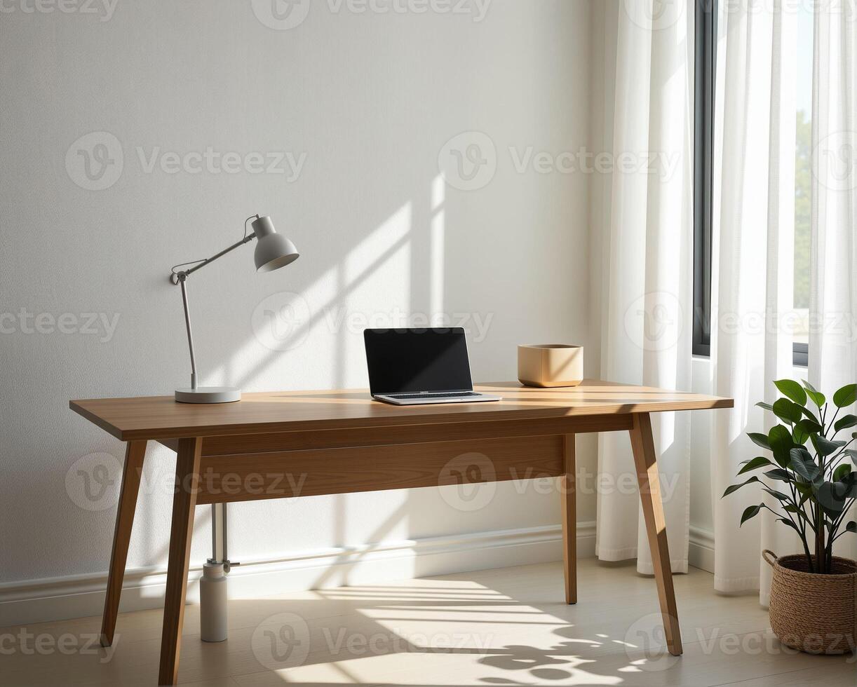 Minimalist Home Office Setup with Natural Light and Greenery photo