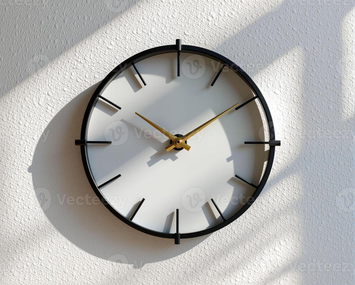 Modern minimalist wall clock casting shadows in natural light photo
