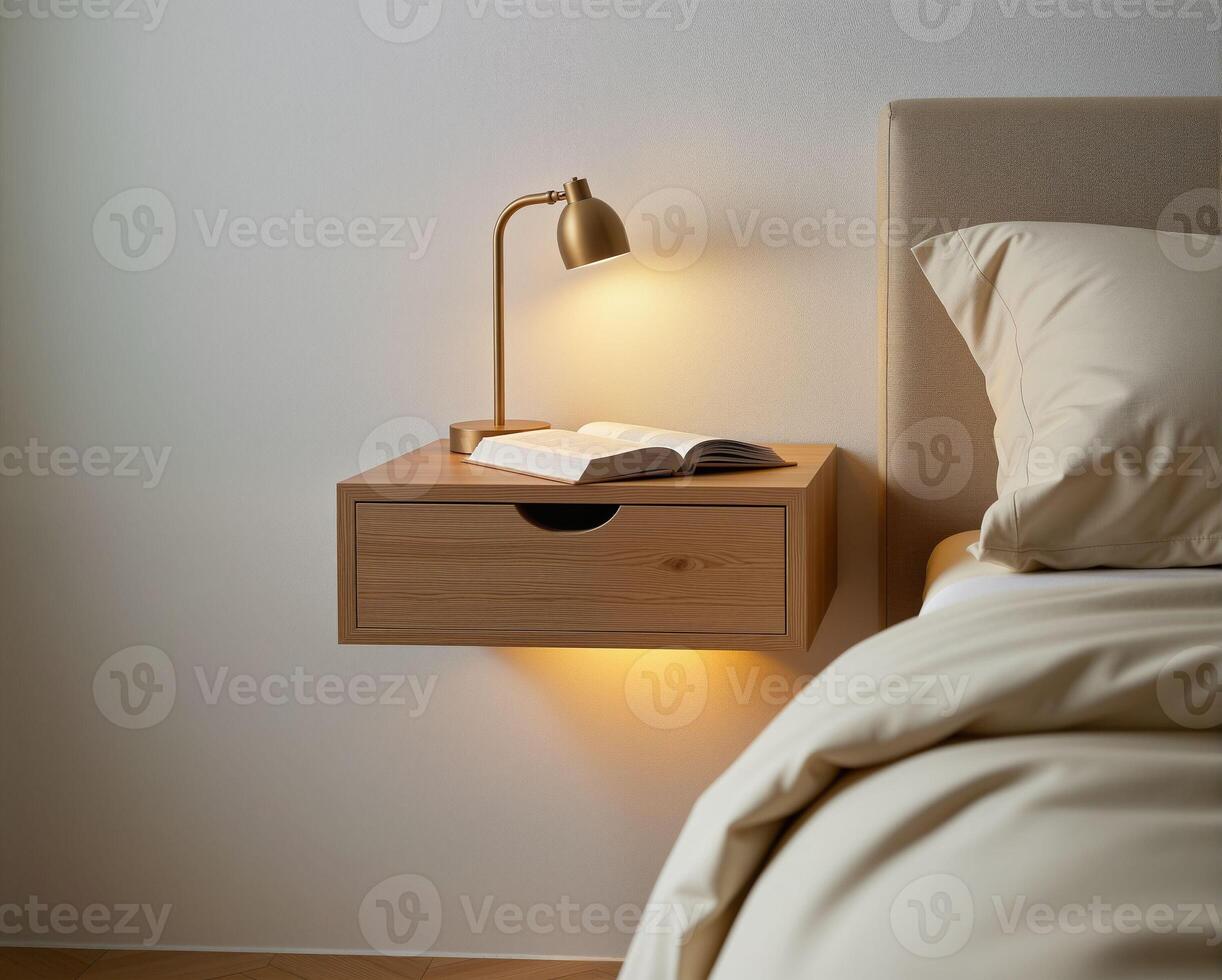 Modern bedside table with lamp, open book, and soft bedding design photo