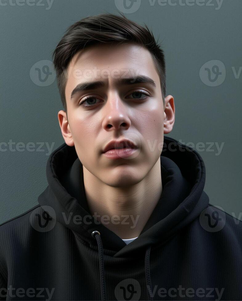 Young man in black hoodie with serious expression against gray wall photo