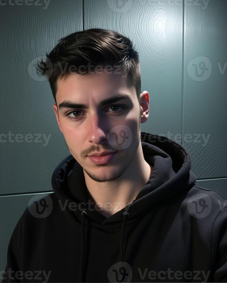 Portrait of Young Man with Short Hair and Black Hoodie in Studio photo