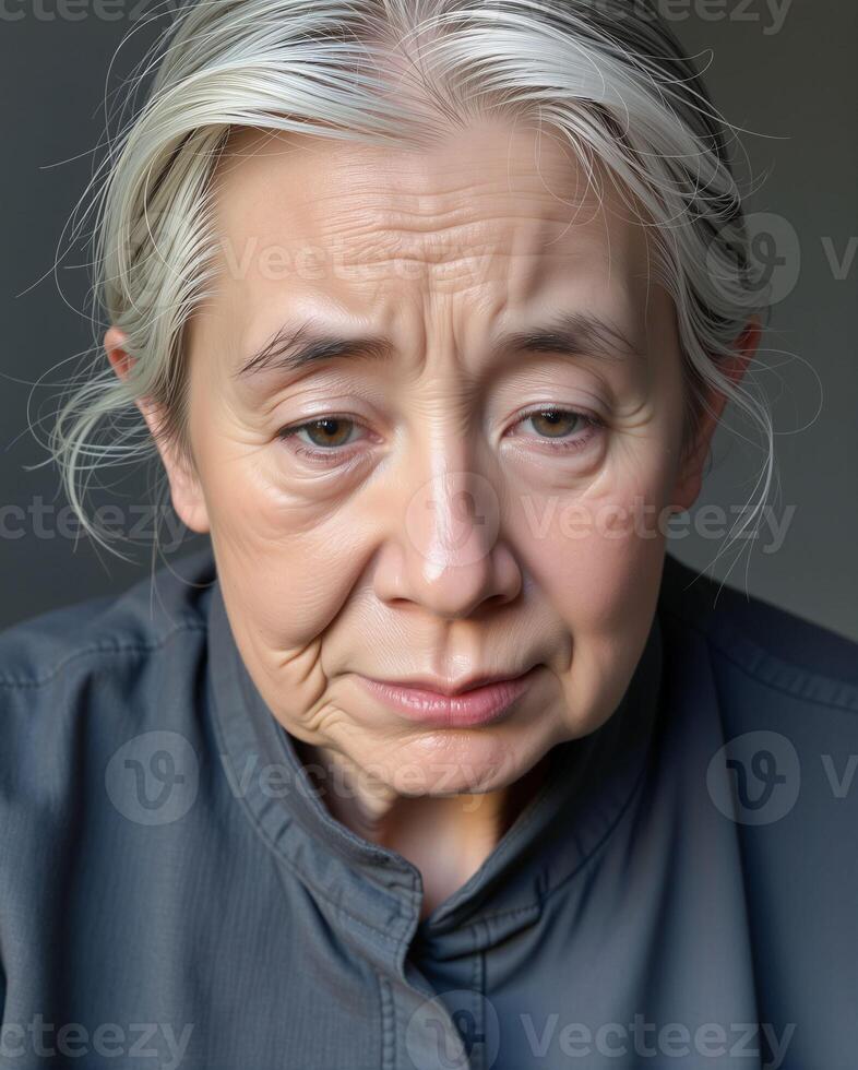 Elderly Woman with Thoughtful Expression in Soft Lighting Portrait photo