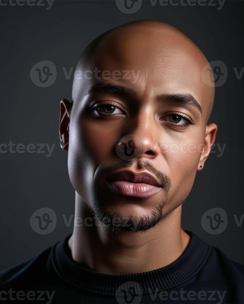 Close-Up Portrait of a Confident Bald Man with Intense Expression photo