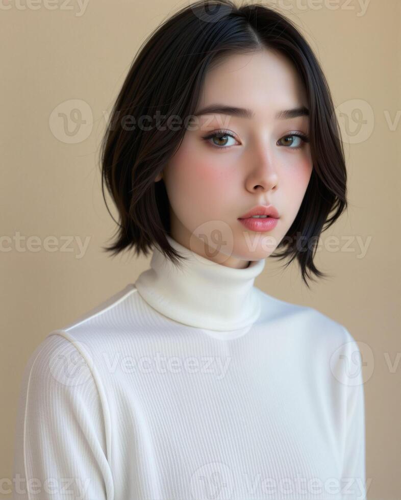 Elegant Young Woman with Short Hair Styled in a White Turtleneck photo