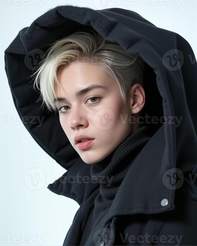 Portrait of Young Woman with Hooded Jacket in Soft Lighting photo