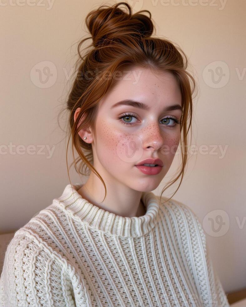 Young Woman with Freckles and Messy Bun in Cozy Sweater Portrait photo