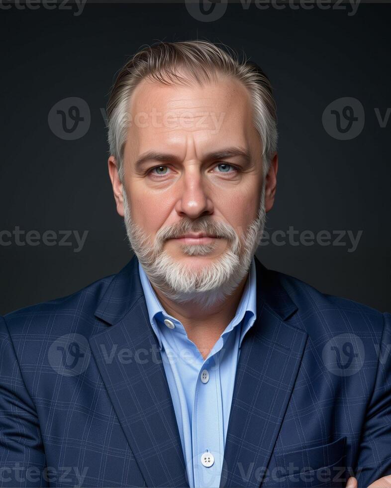 Professional Man with Silver Hair in Blue Suit Against Dark Background photo