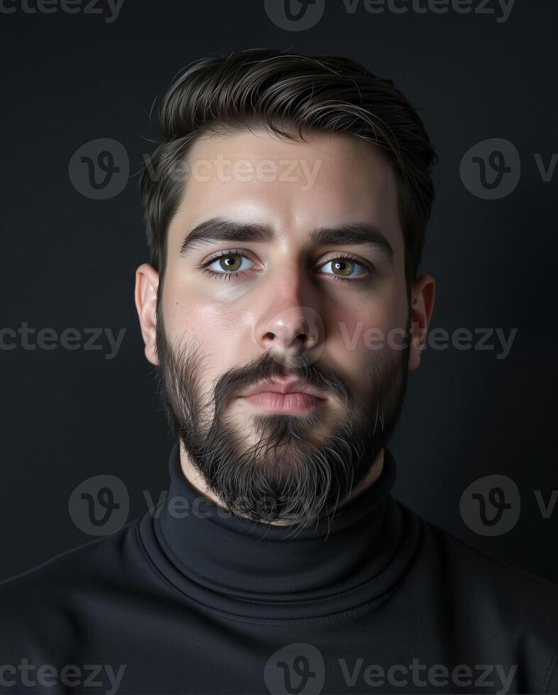 Close-Up Portrait of a Young Man with Beard Against Black Background photo