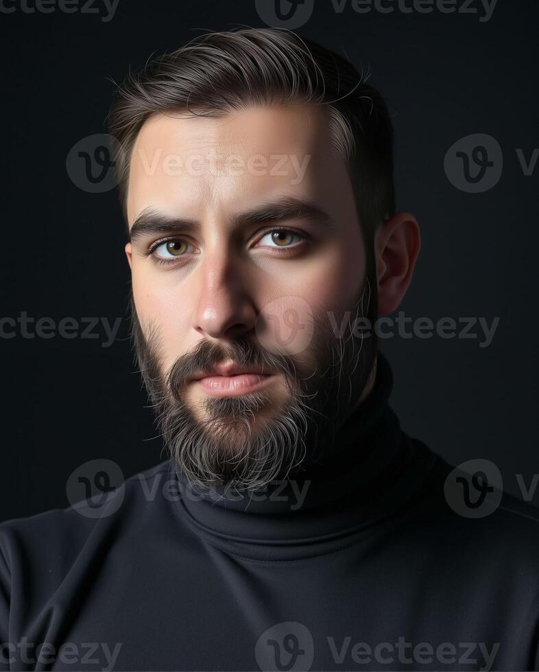 Serious Portrait of a Young Man with Beard in Black Turtleneck photo