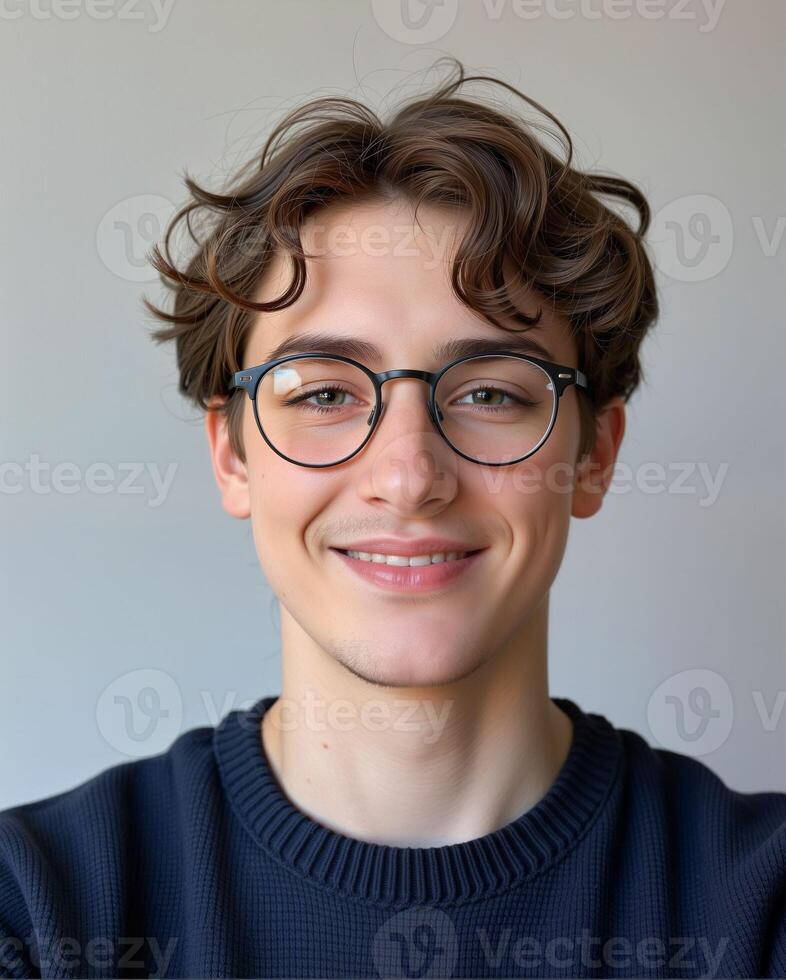 Smiling Young Man with Glasses Posing Against Neutral Background photo