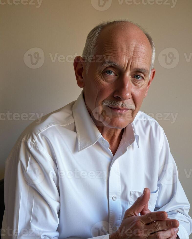 Mature Man in White Shirt with Thoughtful Expression Against Wall photo