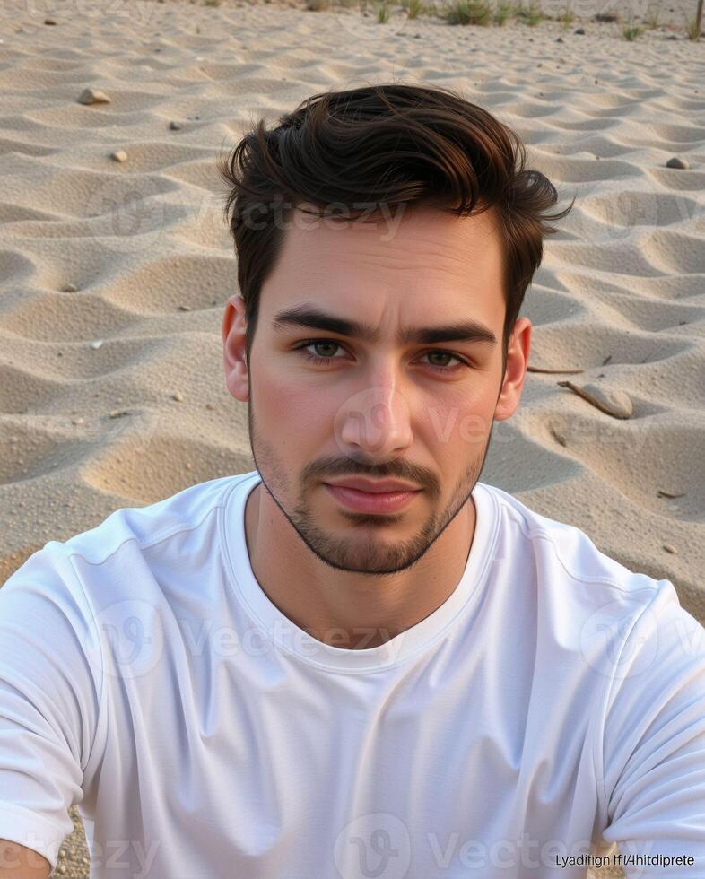 Young Man Sitting on Sandy Beach with Warm Sunlight Glow photo