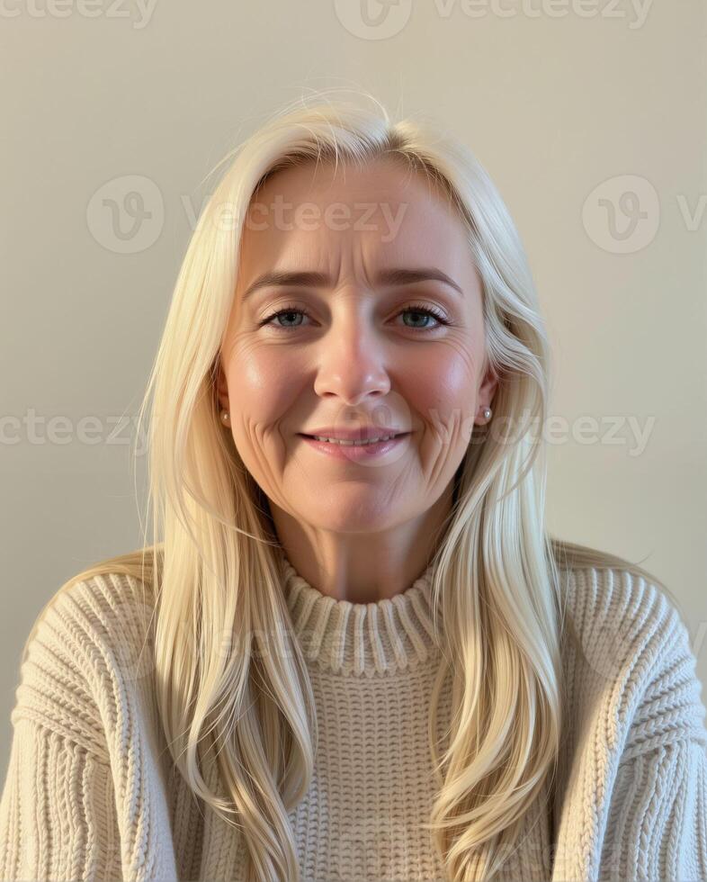 Bright and Cheerful Woman with Long Blonde Hair Smiling at Camera photo