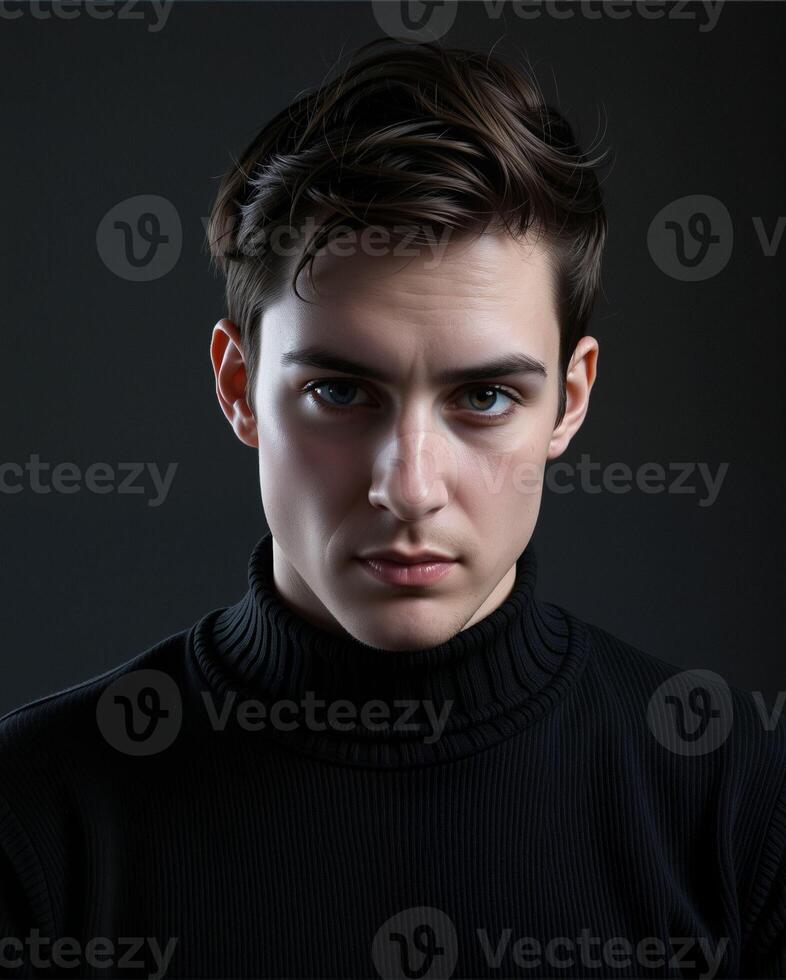Intense Portrait of a Young Man in Black Turtleneck Against Dark Background photo