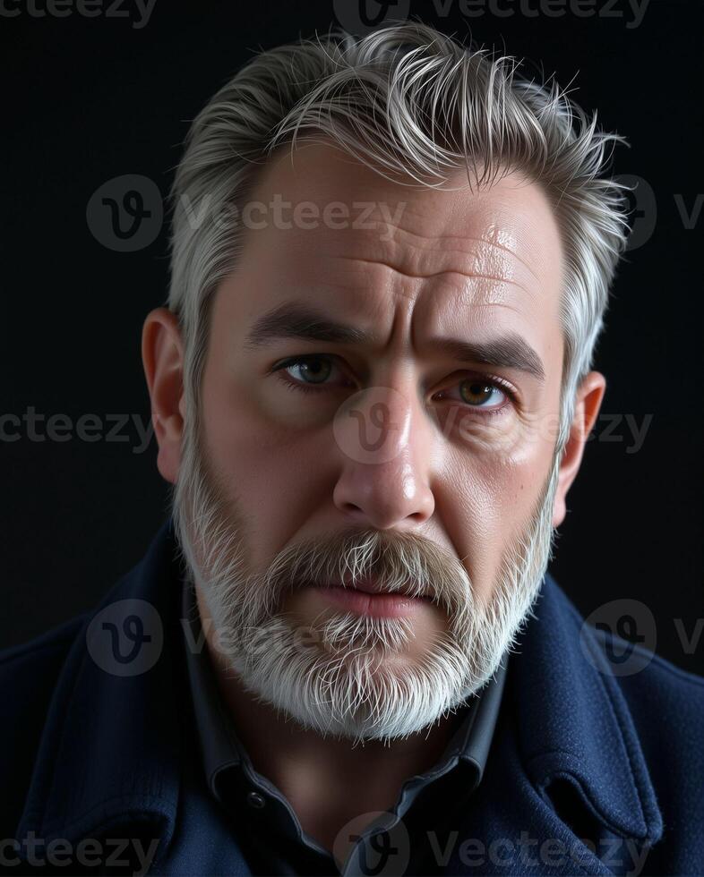 Intense Portrait of Mature Man with Gray Hair and Beard photo