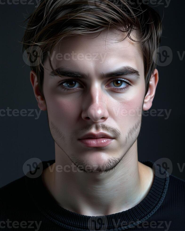 Portrait of a Young Man with Striking Features and Intense Gaze photo