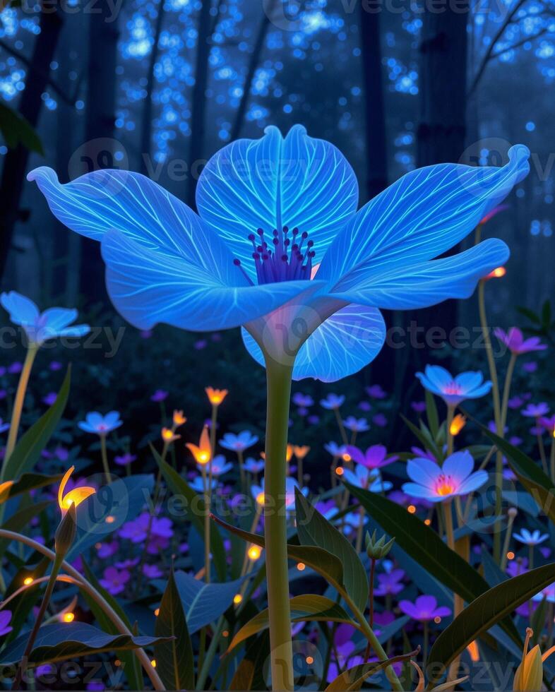 Enigmatic Glowing Flower Surrounded by Mystical Forest Landscape photo