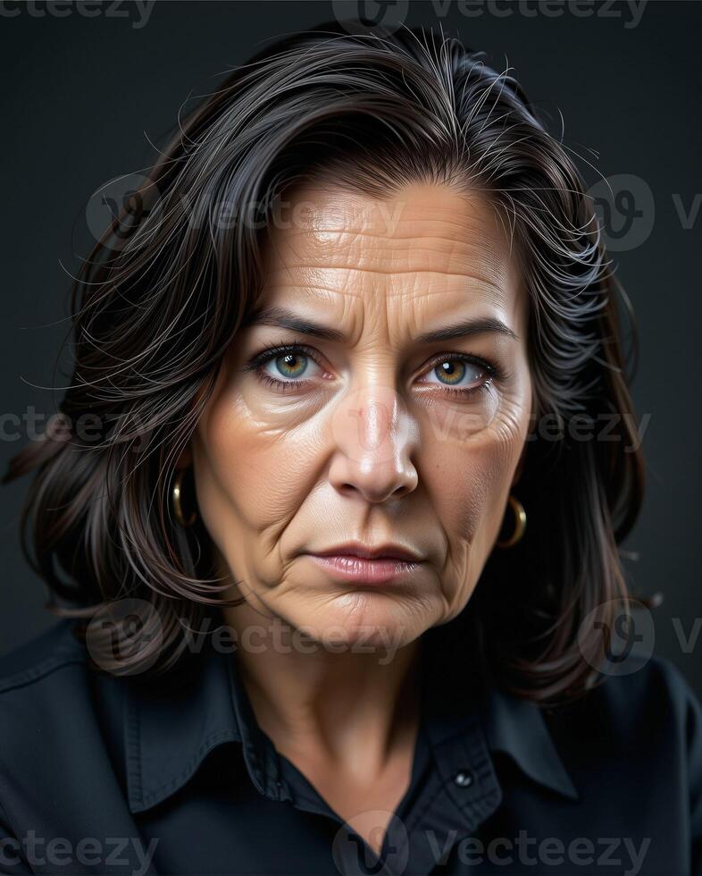 Expressive Older Woman with Strong Facial Features in Close-Up Portrait photo