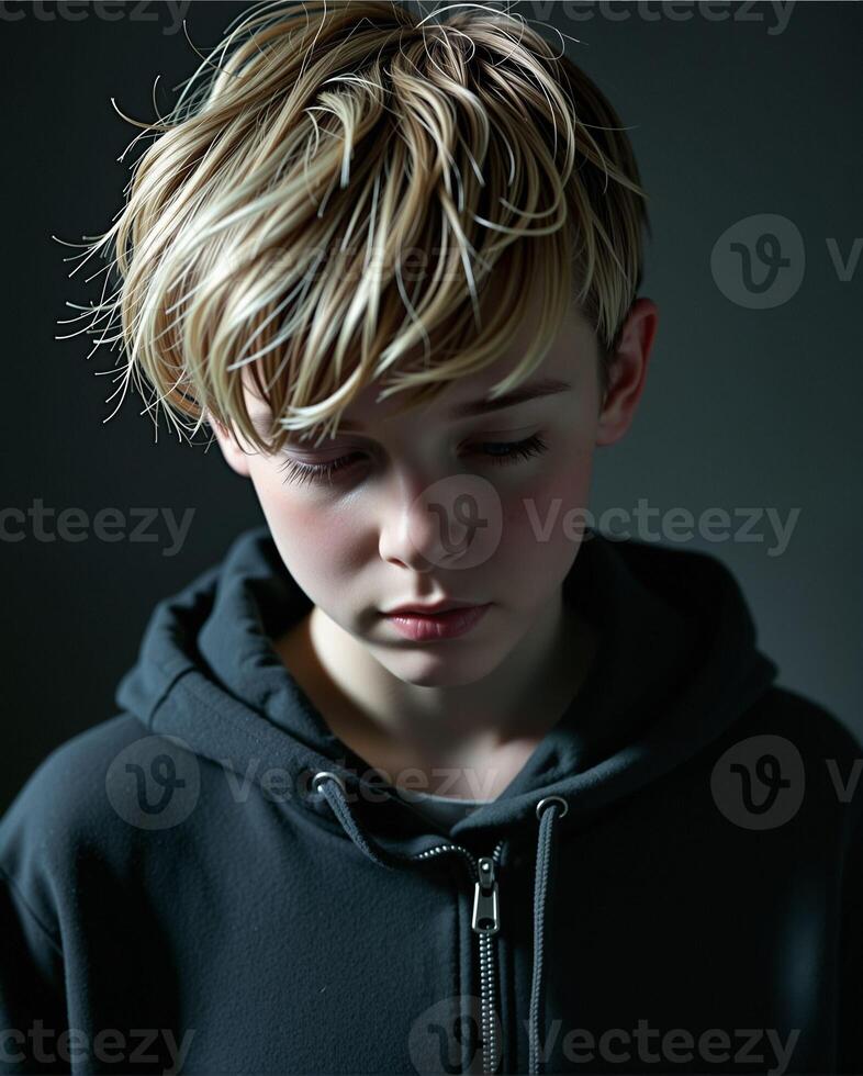Thoughtful Young Boy with Light Blond Hair in Dark Hoodie photo