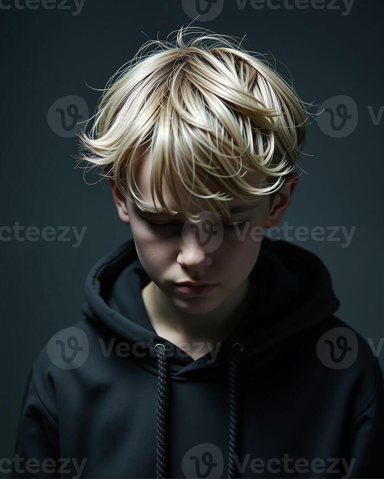 Thoughtful Young Boy with Light Blond Hair in Dark Hoodie Portrait photo
