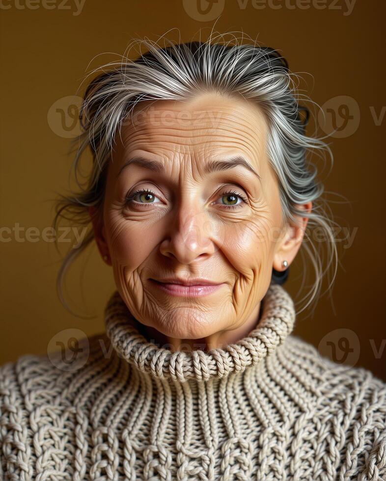 Portrait of a Smiling Elderly Woman in a Cozy Sweater photo