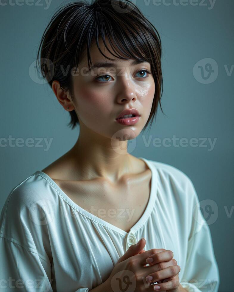 Young Woman in Soft Light with Natural Expression and Calm Emotion photo