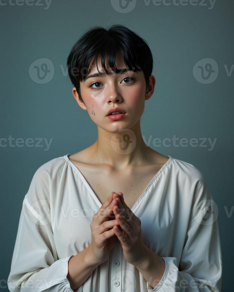 Young woman with short hair in soft light, expressing emotion and beauty photo