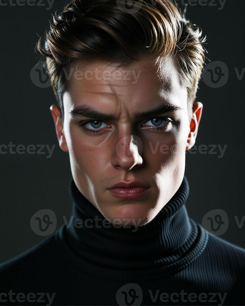 Intense Male Portrait with Dramatic Lighting and Turtleneck Style photo