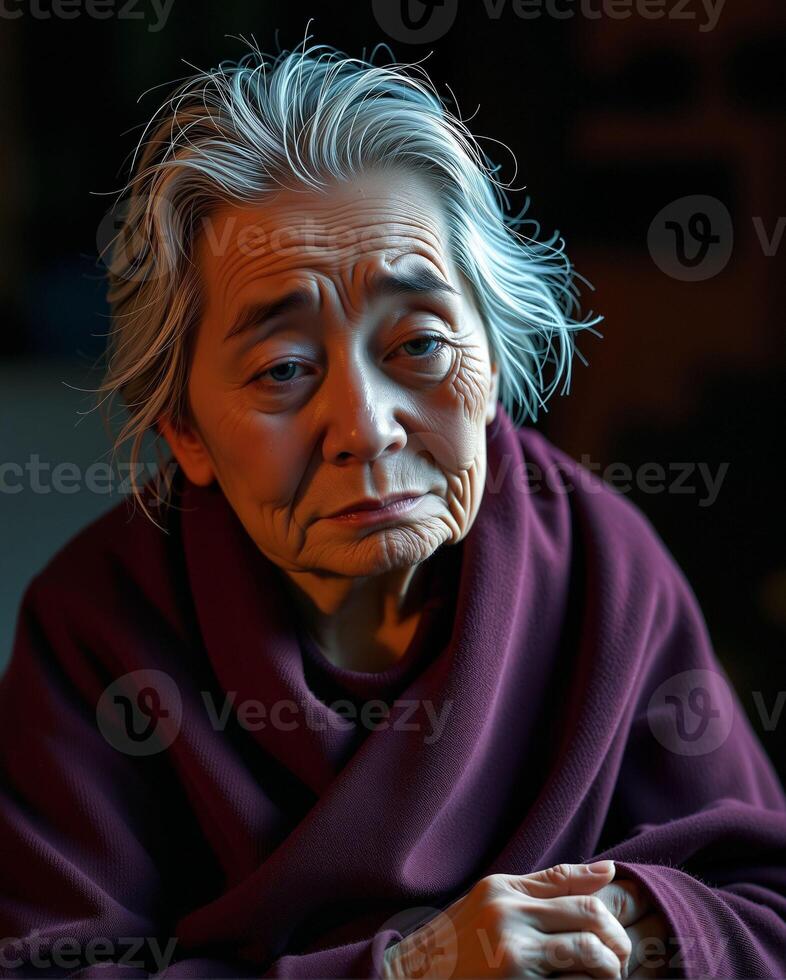 Thoughtful Elderly Woman in Cozy Setting with Warm Colors photo