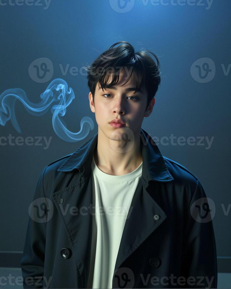 Young Man with Stylish Coat and Smoke Effect in Dramatic Lighting photo