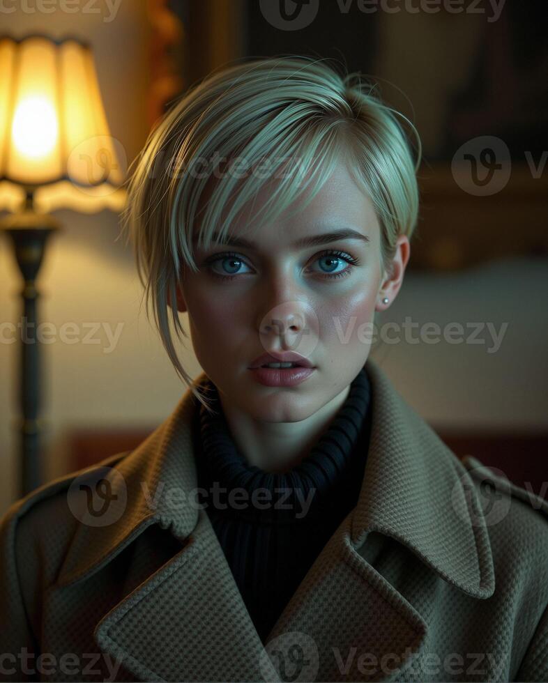 Portrait of a Woman with Blonde Hair and Short Cut in Warm Lighting photo
