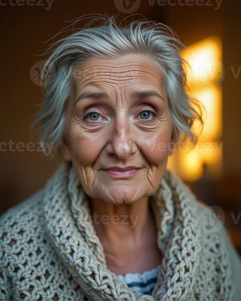 Elderly Woman Smiling in Cozy Knit Sweater with Natural Light photo