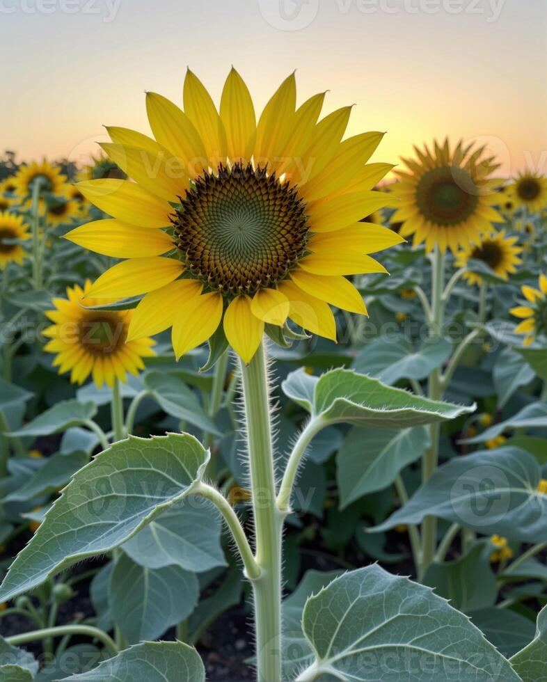 Bright Sunflower in Sunrise with Field of Sunflowers Background photo