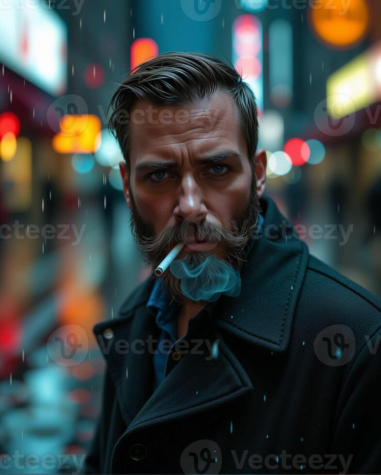 Intense Man with Cigarette Stands in Rainy Urban Environment photo