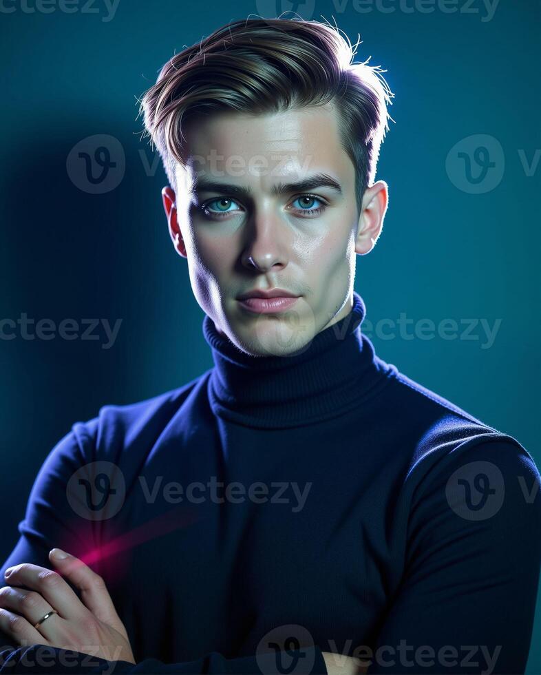 Young Man in Turtleneck Sweater with Dramatic Lighting and Pose photo