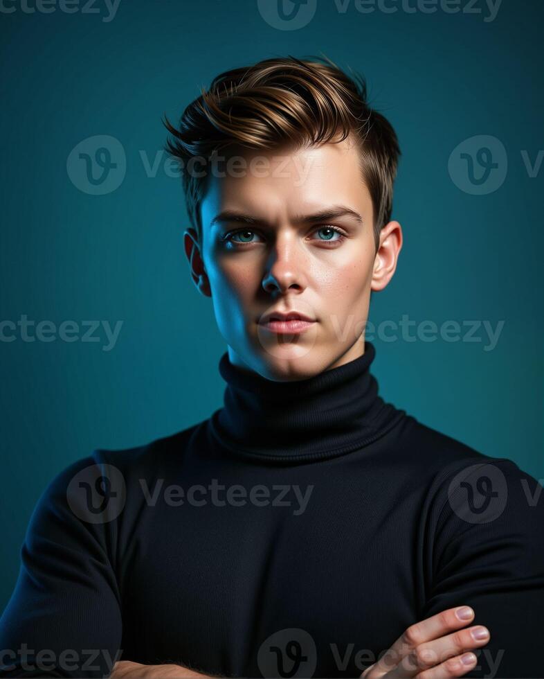 Young Man with Stylish Hair and Turtleneck in Dramatic Lighting photo