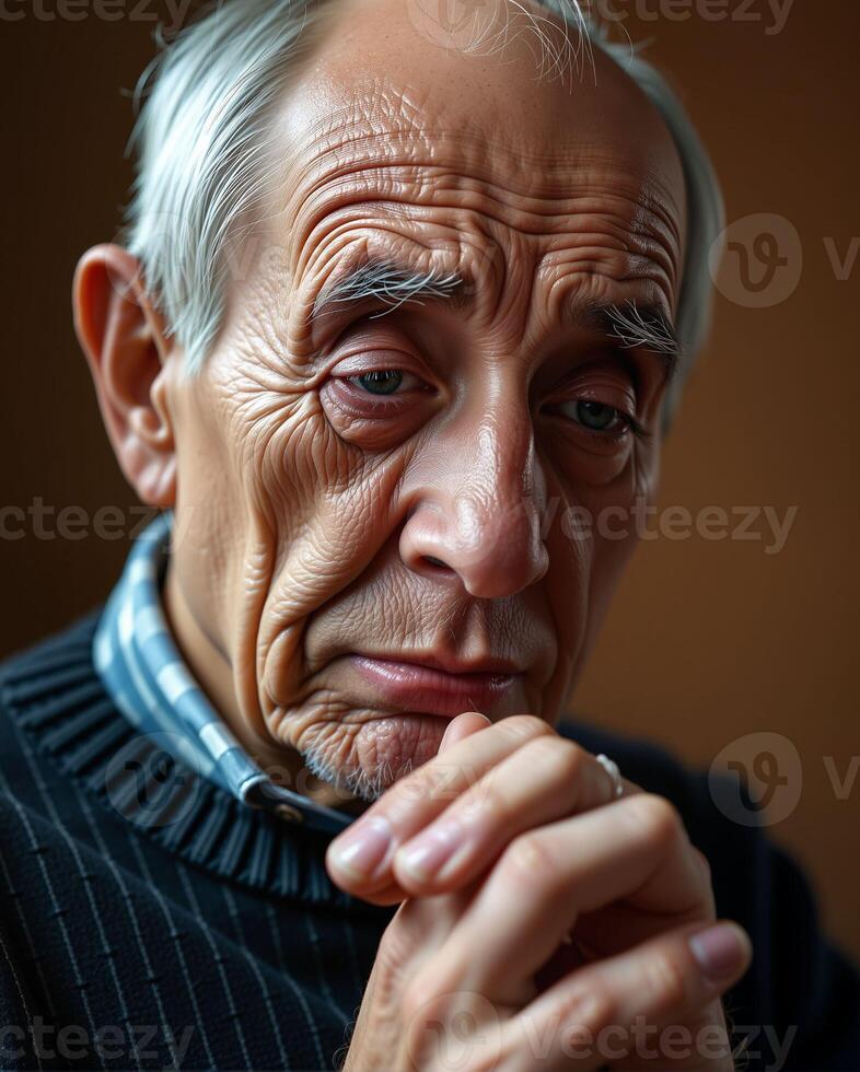 Thoughtful Elderly Man with Deep Wrinkles and Expressive Eyes photo