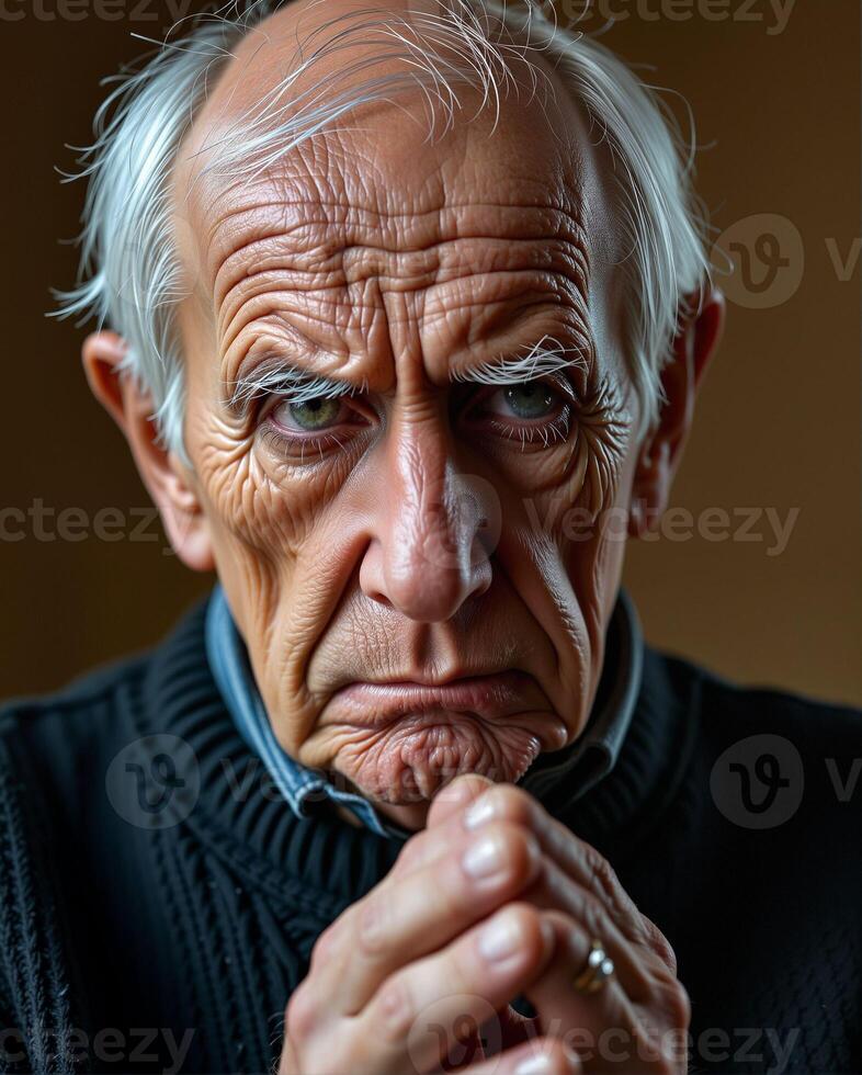 Thoughtful elderly man with deep wrinkles and intense expression photo