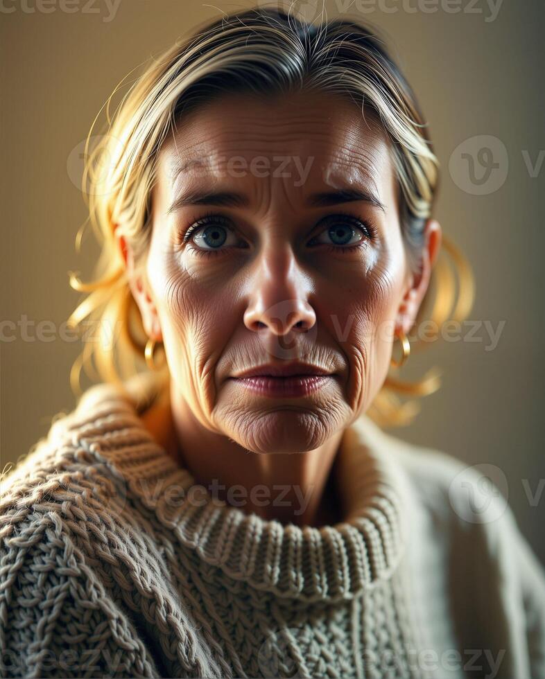 Intense Portrait of a Woman with Natural Beauty in Soft Lighting photo