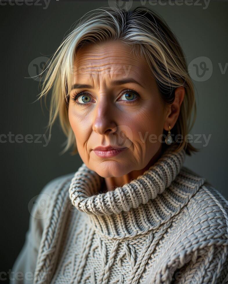 Thoughtful Woman with Short Blonde Hair in Cozy Sweater Portrait photo